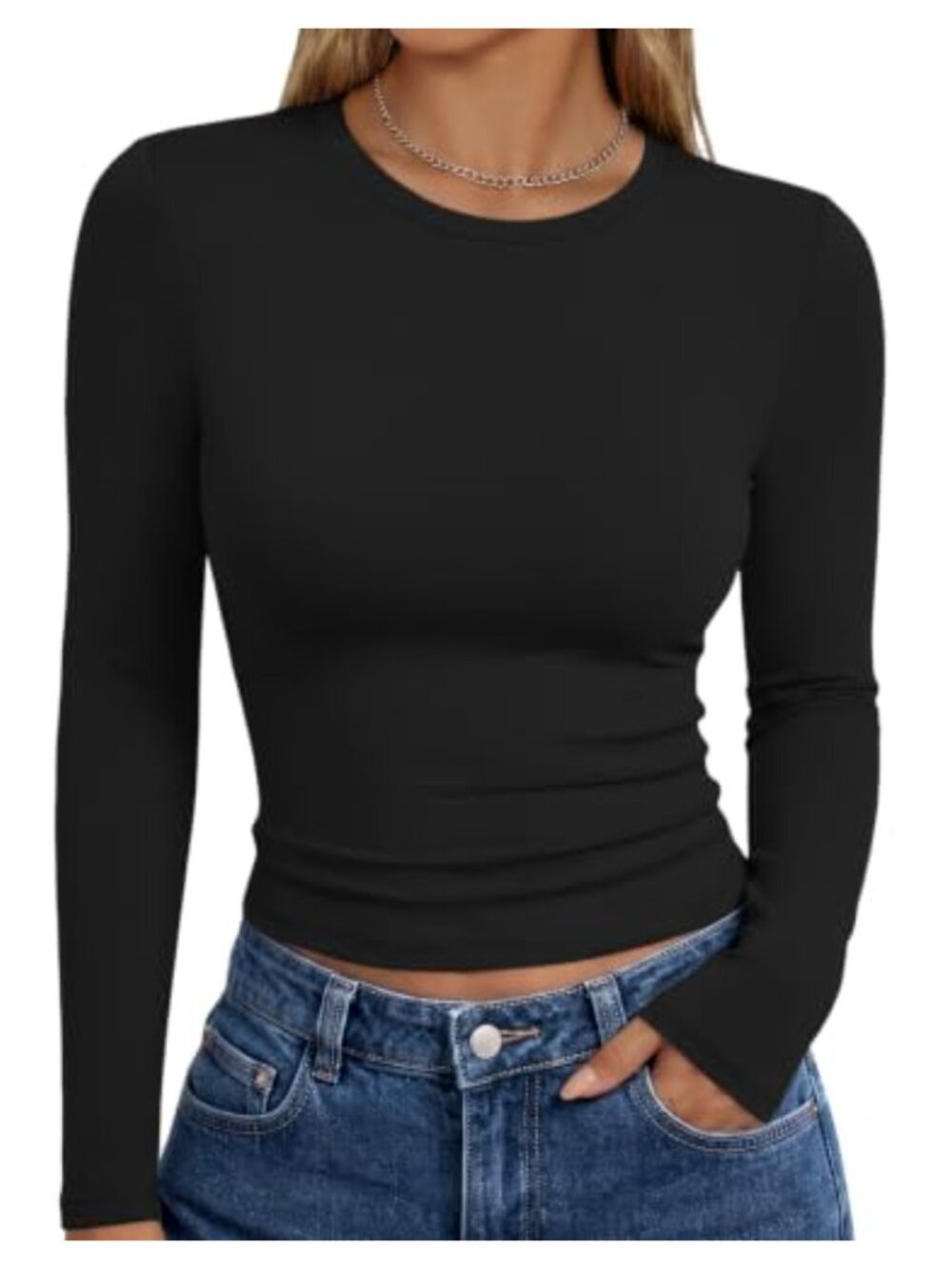 Women's Slim Fit Crew Neck Long Sleeve Crop Top Y2K Stretch T-Shirt